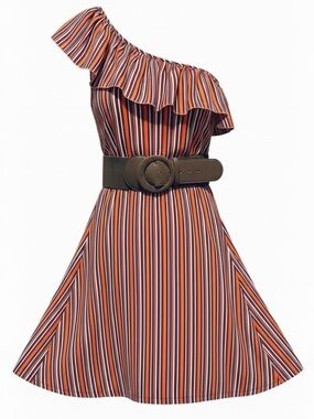 Bisou Bisou One Shoulder Ruffle Striped Dress Belted – Size 6